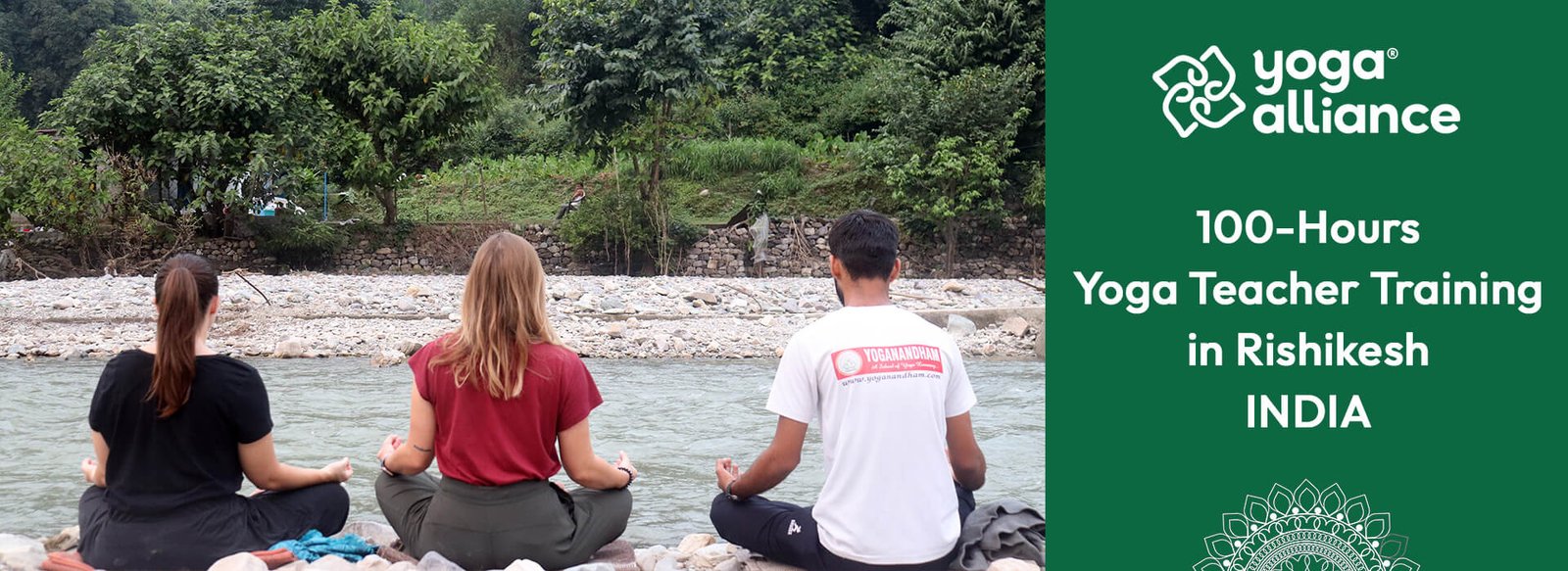 100-hour yoga teacher training in Rishikesh, India, students meditating by the river at Yoganandham retreat.
